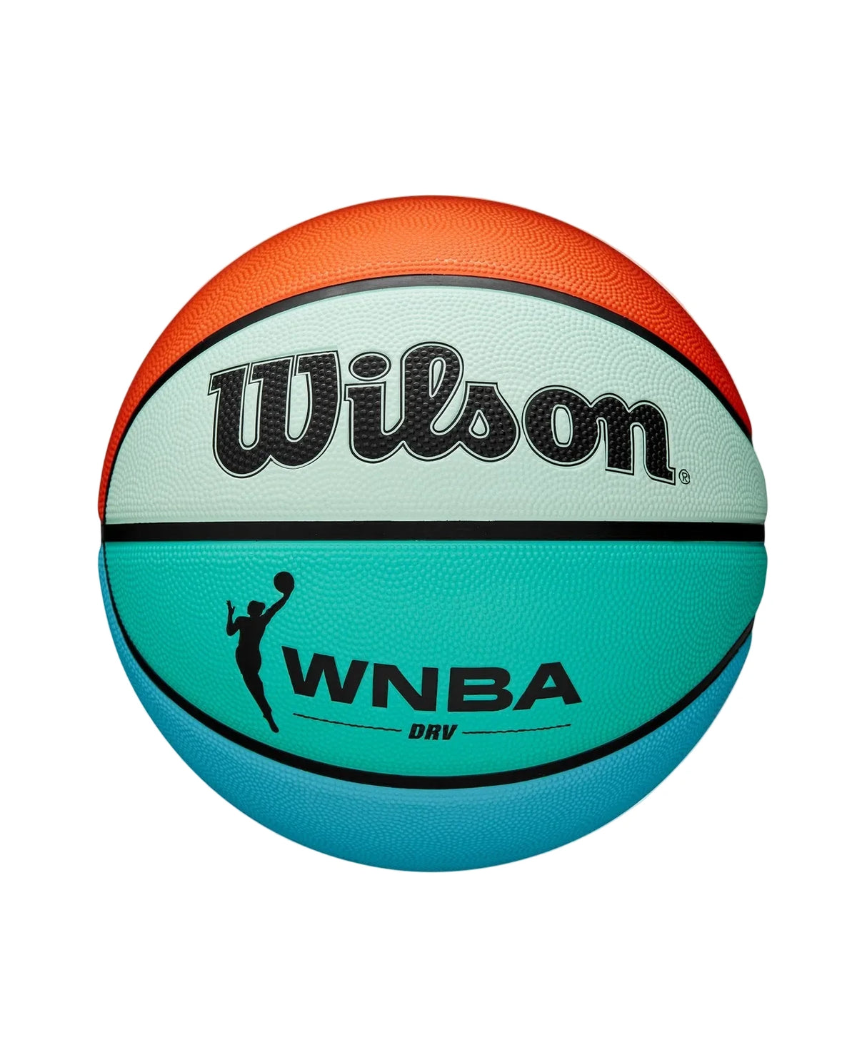 A Wilson WNBA DRV basketball with orange, mint green, and blue panels, featuring the Wilson logo and WNBA branding.