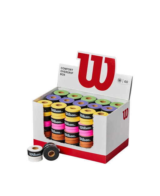 Box of Wilson tennis overgrips with colorful rolls on a white background