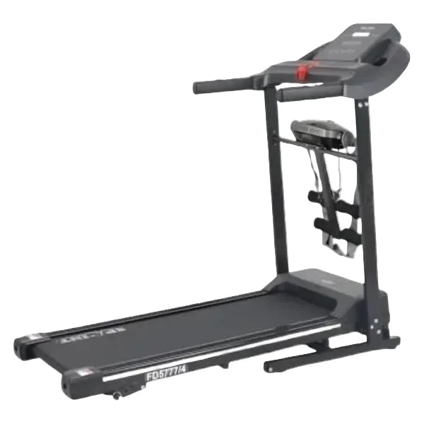 A black folding treadmill with an integrated console and a small exercise wheel rack, shown on a plain white background.