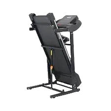 A black treadmill shown folded or partially folded with its support frame visible, photographed against a plain white studio background.