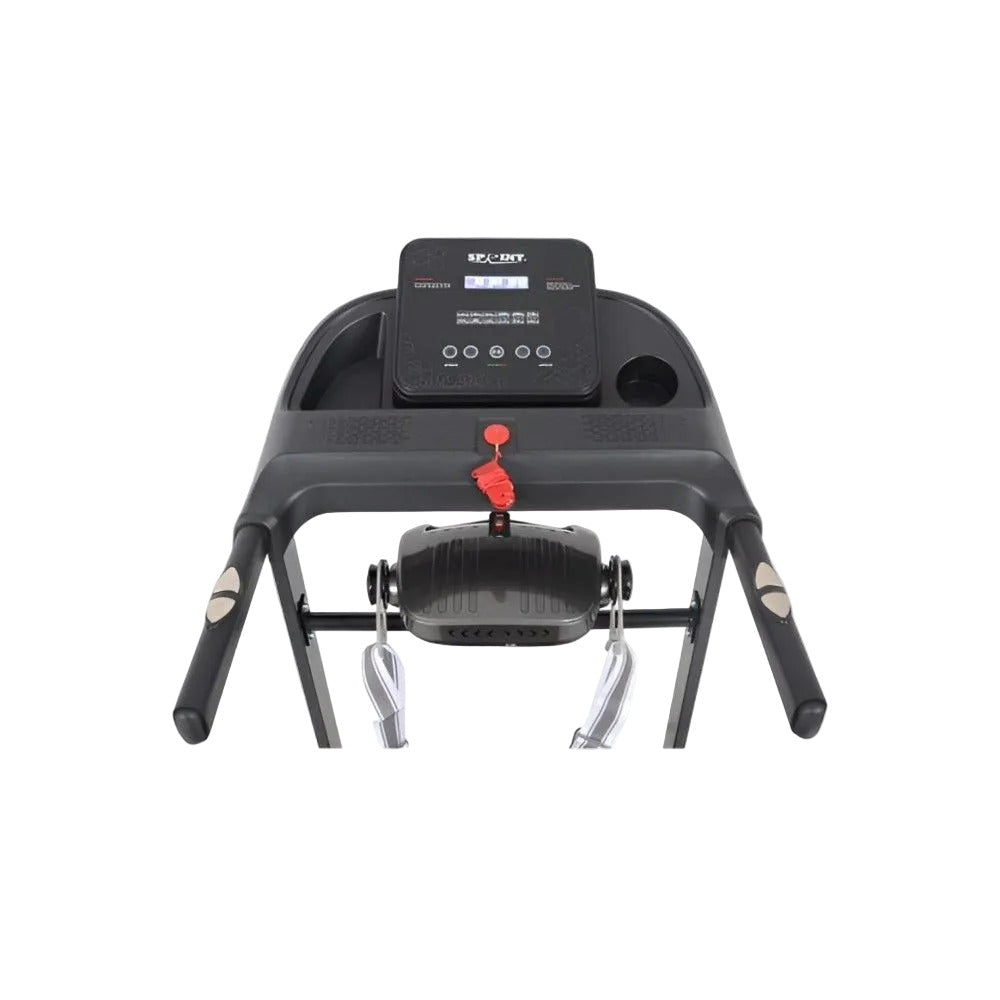 A black cardio treadmill with an integrated digital control console and a central weight stack, shown against a plain white background.
