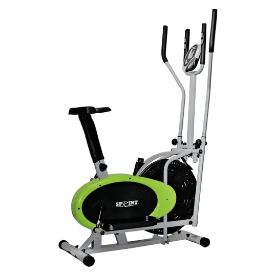 Elliptical trainer with green footprint and black handles on a white background