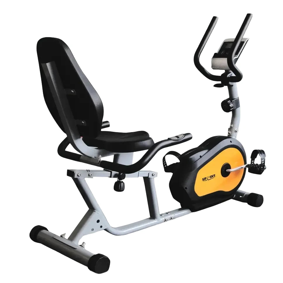 Recumbent exercise bike with black seat and orange console on a white background