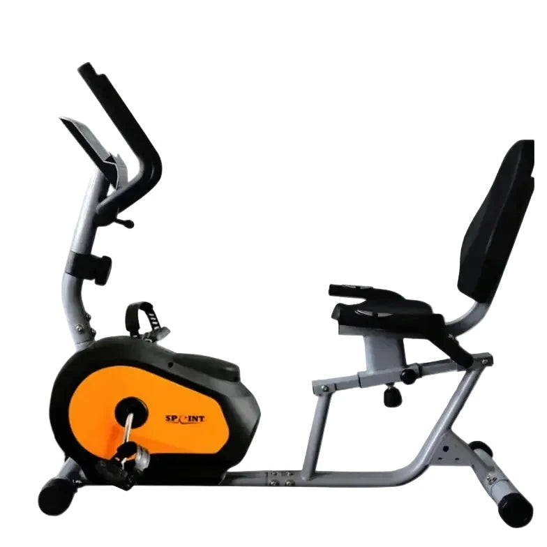Recumbent exercise bike with orange and black design on a white background