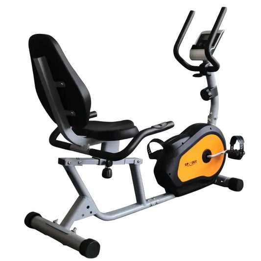 Reclining exercise bike with black seat and orange and black frame on a white background