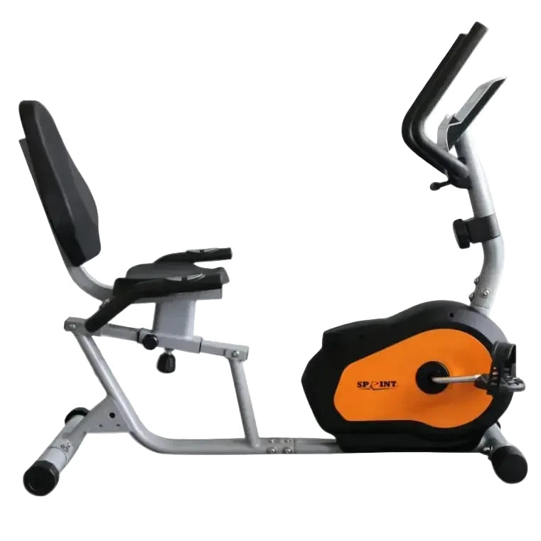 Recumbent exercise bike with orange and black design on a white background