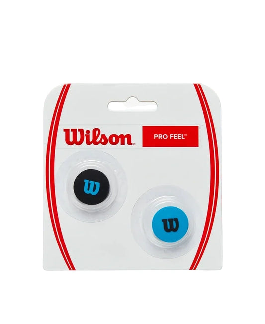 Wilson Pro Feel tennis小店包装，包含一个黑色和一个蓝色的小圆片，背景为白色。