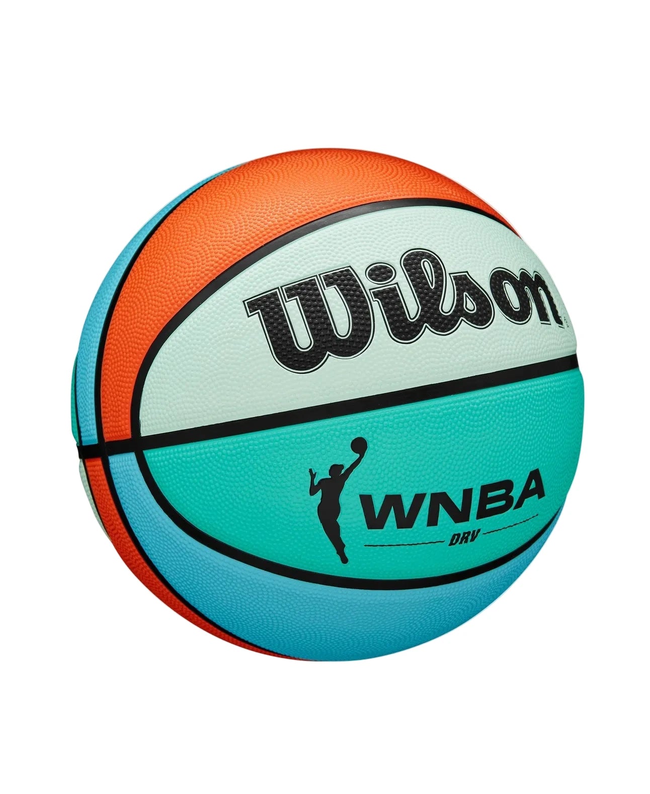 A Wilson WNBA Dry basketball in a color-blocked design of orange, mint green, and teal, with black branding details, shown on a light gray background.