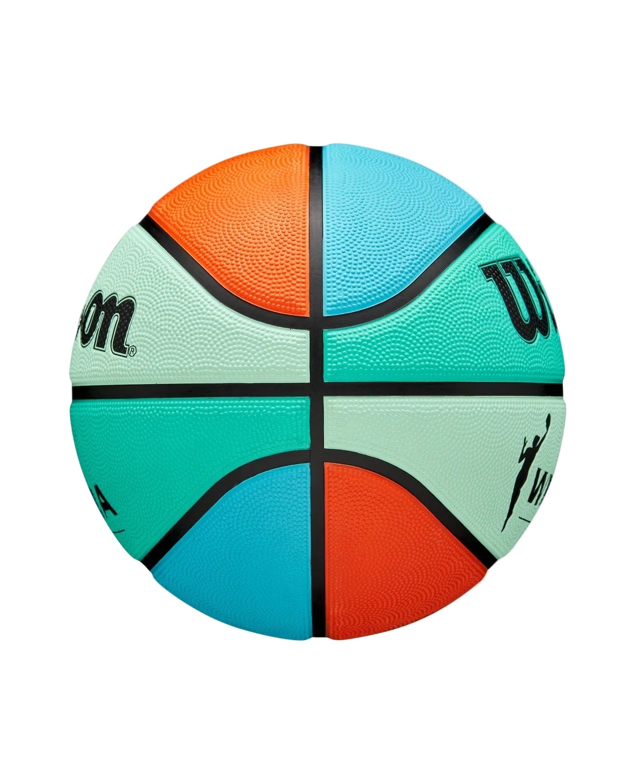 A Wilson basketball with a color-blocked design featuring orange, light blue, mint green, and pale sage green panels separated by black lines, shown on a light gray background.