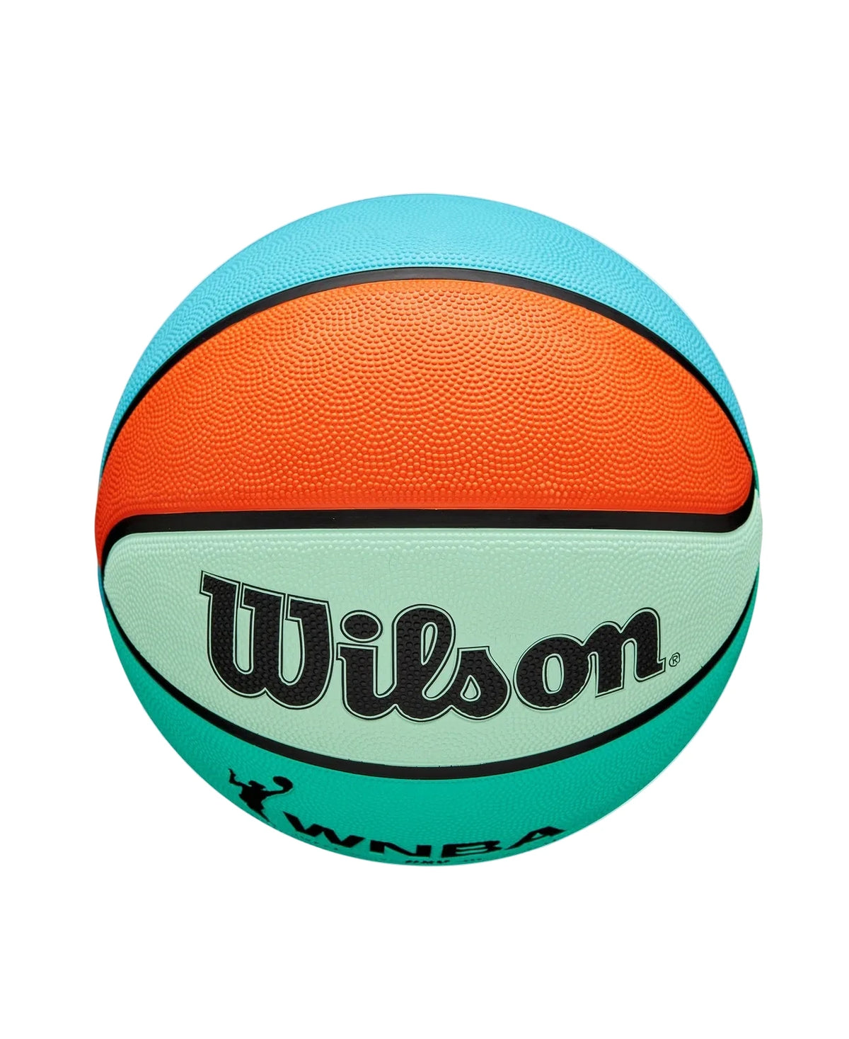 A Wilson WNBA basketball with a color-blocked design featuring orange, light blue, and mint green panels, with the Wilson logo printed in black on the mint green section.